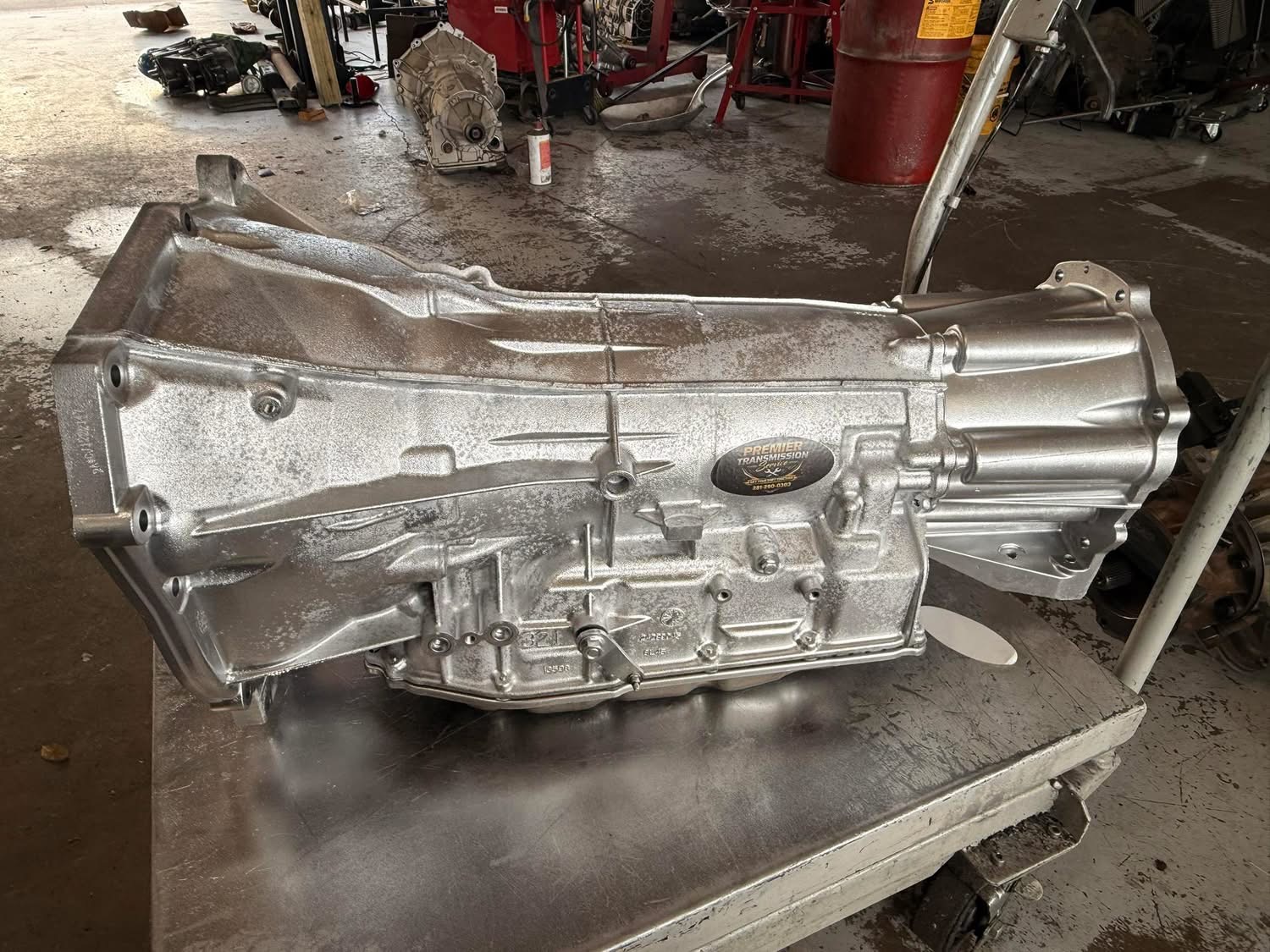 Freshly rebuilt transmission on shop cart